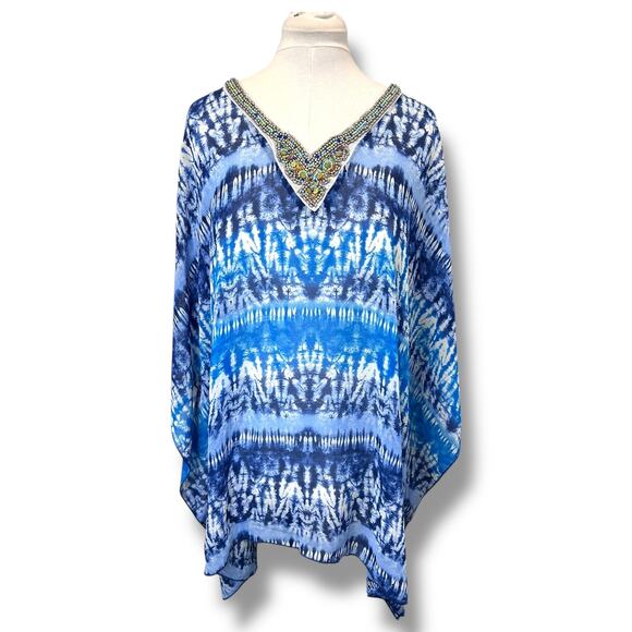 Soleillee Women’s V- Neck Bead Embellished Lightweight Sheer Kaftan Tunic 3X - Picture 1 of 13